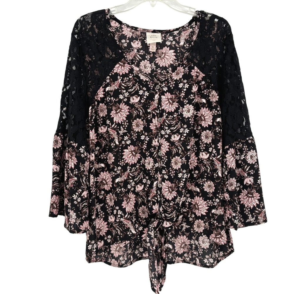 Knox Rose Black Floral Sheer Lace Bell Sleeve Blouse Womens XL Boho Top